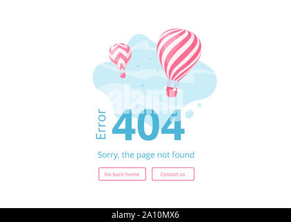 Seite nicht gefunden Fehler 404 website Abbildung. Rote Streifen Heißluftballons auf Blau Skyscape mit Fehler 404 Zeichen und Schnittstelle Vorlage für Website Warnung Seite auf Travel Booking mobile App Stockfoto