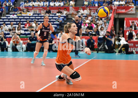 Toyama, Japan. 23 Sep, 2019. Britt Bongaerts (vorne) der Niederlande konkurriert während der Round Robin Übereinstimmung zwischen Südkorea und den Niederlanden im Jahr 2019 Die FIVB Frauen-WM in Toyama, Japan, Sept. 23, 2019. Credit: Zhu Wei/Xinhua/Alamy leben Nachrichten Stockfoto