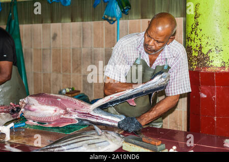 Male, Malediven - November 16, 2017: der Mann, der die großen Thunfischen für den Verkauf auf dem Fischmarkt in der Stadt von Male, die Hauptstadt der Malediven. Stockfoto