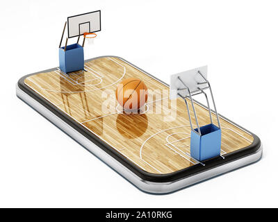 Basketballplatz auf dem Smartphone angezeigt. 3D-Rendering. Stockfoto