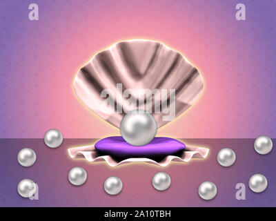 Abbildung: Weiße Perle in großen offenen Shell und einige kleine Perlen. Stockfoto