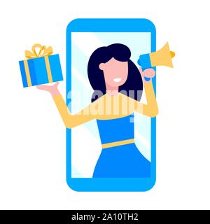 Empfehlen Sie einen Freund Flat Style Design Vector Illustration auf weißem Hintergrund. Frau mit Megafon und Geschenkbox standin im Smartphone und Stock Vektor