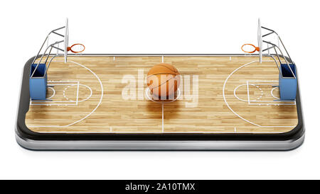 Basketballplatz auf dem Smartphone angezeigt. 3D-Rendering. Stockfoto