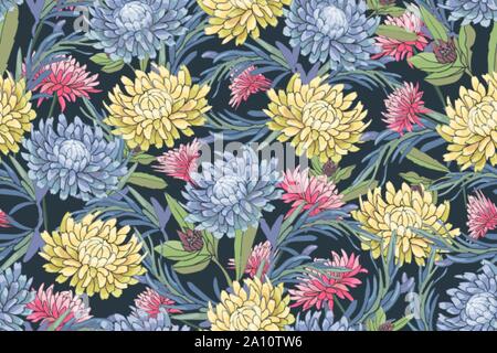 Die nahtlose Vektor floralen Muster. Hellblau, Pink und Gelb Herbst Astern, Chrysantheme. Stock Vektor