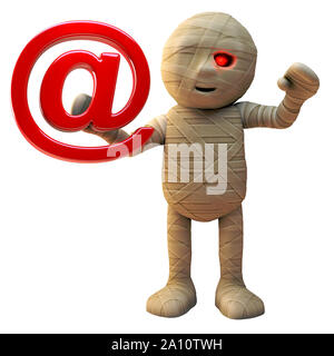 Cartoon 3d-ägyptischen Mumie monster Holding eine E-Mail-Adresse ein Symbol, 3d-Grafik rendern Stockfoto