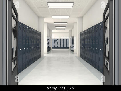 Der Blick in eine gut sauber Schulen Halle der Schließfächer - 3D-Render lit Stockfoto