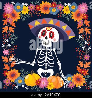Dia de Los Muertos Grußkarte, Einladung. Mexikanischen Tag der Toten. Zierpflanzen Schädel, Skelett mit sombrero Hut, Kürbisse und Blumen. Hand gezeichnet Stock Vektor