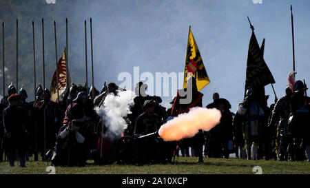 Prag, Tschechische Republik. 21 Sep, 2019. Re-enactment von 1620 Weißen Berg Schlacht war am 21. September 2019 abgehalten, in Prag, Tschechische Republik. Credit: Ondrej Deml/CTK Photo/Alamy leben Nachrichten Stockfoto