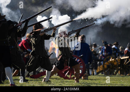 Prag, Tschechische Republik. 21 Sep, 2019. Re-enactment von 1620 Weißen Berg Schlacht war am 21. September 2019 abgehalten, in Prag, Tschechische Republik. Credit: Ondrej Deml/CTK Photo/Alamy leben Nachrichten Stockfoto