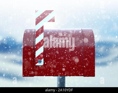 Ein Konzept, das für ein Herunterfahren red retro Mailbox gehörenden Klausel mit einem gestreiften Zuckerstange Flagge an einem verschneiten kalten Hintergrund - 3D-Render zu Santa Stockfoto