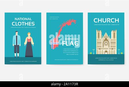 Satz von Norwegen Land ornament Travel Tour Concept. Monument, das traditionelle, Zeitschrift, Buch, Plakat, Abstract, Element. Vektor dekorative ethnischen Grußkarte oder Einladung design Stock Vektor