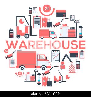 Lager- und Delivery Services 24 Stunden runde Banner. Logistik- und Lagerhaus Objekte: Lkw, Handys, Gabelstapler, Waren, Aufträge, Lastwagen. Transport und Verteilung des Vektors flache Bauform. Stock Vektor