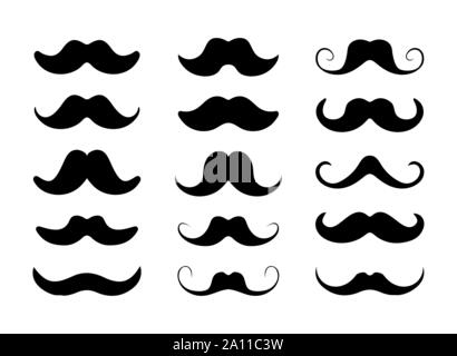 Schnurrbart Icon Set, Schwarze und Weiße flache Bauform. Stock Vektor