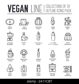 Eingestellt von vegan dünne Linie Icons, Logos isoliert auf weißem Hintergrund. Obst und Gemüse übersicht Piktogramme Sammlung. Vegetarische Speisen und Getränke Vektor Elemente für Infografik, Web. Stock Vektor