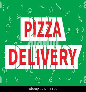 Weiße Fahne mit rotem Text - Pizza Delivery. Grüner Hintergrund mit weißen doodles. Line art design für Banner, Poster, Board, Werbung, Logo und Pri Stock Vektor