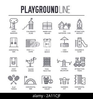 Der Spielplatz dünne Linie Symbole isoliert auf Weiss. Spiele und Spielzeug in der Zone übersicht Piktogramme Sammlung. Kid's Aktivitäten in playpit, Vergnügungspark. Vektor Elemente für Infografik, Web. Stock Vektor