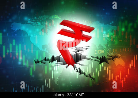 Indian Rupee Krise Konzept, Rot Indian Rupee Symbol nach unten auf den Boden. 3D-Rendering isoliert auf Börse Hintergrund Stockfoto