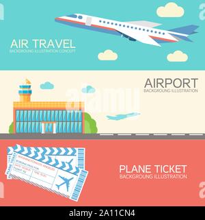 Horizontale Banner mit fliegenden Flugzeug am Himmel, Flughafen, Bordkarten. Geschenk Gutschein Vorlage. Vektor Design für Touristen und Business, Reisen, Reisebüro, Kauf, Buchung von Tickets. Stock Vektor