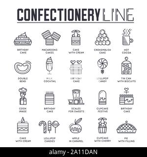 Satz von Süßwaren dünne Linie Symbole. Logos isoliert auf weißem Hintergrund. Bonbons, Gebäck und Getränke übersicht Piktogramme Sammlung. Kochen, Bäckerei Vektor Elemente für Infografik, Web. Stock Vektor