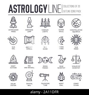 Satz von Astronomie und Astrologie dünne Linie Icons, Logos isoliert auf weißem Hintergrund. Antike Alchemie Symbole und Objekte übersicht Piktogramme Sammlung. Vector Magic Elemente für Infografik, Web. Stock Vektor