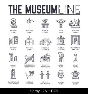 Satz von Museum Gebäude und Objekte, dünne Linie Symbole isoliert auf Weiss. Ausstellung von Artefakten und Mitarbeiter Übersicht Piktogramme Sammlung. Ausstellungshalle, tour guide Vektor Elemente für Infografik, Web. Stock Vektor