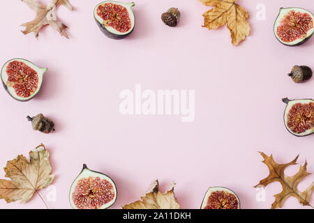 Herbst, Herbst Zusammensetzung der Reif lila Feigen. Frisches Obst, bunte Ahorn und Eiche Blätter und Eicheln auf rosa Hintergrund isoliert. Dekorative Blumen fra Stockfoto