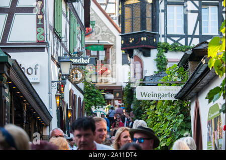 21. September 2019, Hessen, Rüdesheim: Touristen gehen durch die Drosselgasse in Rüdesheim. Foto: Andreas Arnold/dpa Stockfoto