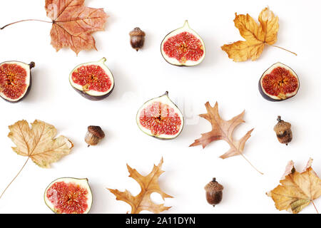 Herbst, Herbst kreative Zusammensetzung der Reif lila Feigen. Frisches Obst, bunte Ahorn und Eiche Blätter und Eicheln auf weißem Hintergrund. Einrichtung Stockfoto