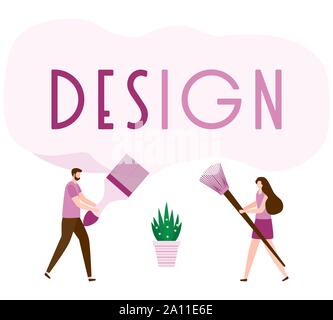 Vector Illustration mit Menschen mit Tools für Malerarbeiten, design Inschrift. Malerei, Reparatur von Räumlichkeiten. Gebäude, Bau, Instandsetzung Stock Vektor