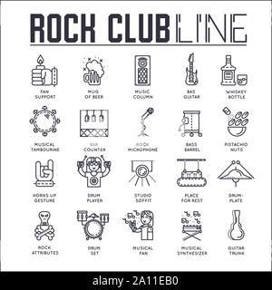 Satz von Rock Club dünne Linie Symbole auf Weiß. Musik Festival Umwelt und Attributen umriss Piktogramme Sammlung. Ventilatoren, Musikinstrumente und Essen in der Bar Vektor Elemente für Infografik, Web. Stock Vektor