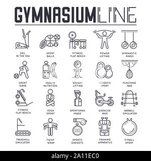 Satz von Gymnasium dünne Linie Icons, Logos isoliert auf weißem Hintergrund. Fitness, Yoga und Sport übersicht Piktogramme Sammlung. Sportlich, Trainingsgeräte Vektor Elemente für Infografik, Web. Stock Vektor