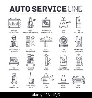 Satz von Auto Service thin line Symbole isoliert auf Weiss. Übersicht mechanische Arbeit Werkzeuge und Autoteile Piktogramme Sammlung. Garage Logos. Auto Reparatur Vektor Elemente für Infografik, Web. Stock Vektor
