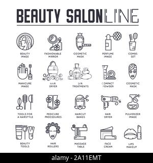 Satz von Beauty und Spa Salon dünne Linie Symbole. Haarschnitt, Massage, Maniküre übersicht Piktogramme Sammlung. Fahrzeugpflege Logos. Kosmetische Instrumente und Verfahren Vektor Elemente für Infografik, Web. Stock Vektor