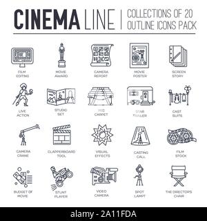 Satz von Kino dünne Linie Icons, Logos isoliert auf weißem Hintergrund. Film Vorbereitung, Herstellung und Bearbeitung von outline Piktogramme Sammlung. Das Leben der Akteure Vektor Elemente für Infografik, Web. Stock Vektor