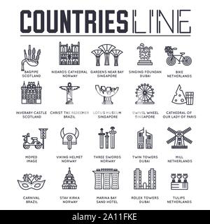 Der berühmte Architektur und Orte von Ländern der ganzen Welt dünne Linie Symbole isoliert auf Weiss. Sehenswürdigkeiten übersicht Piktogramme Sammlung. Sehenswürdigkeiten Vektor Elemente für Infografik, Web. Stock Vektor