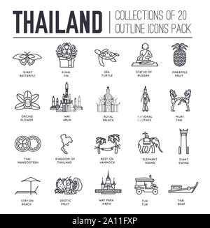 Set kultureller Symbole und Sehenswürdigkeiten von Thailand dünne Linie Symbole auf Weiß. Sehenswürdigkeiten übersicht Piktogramme Sammlung. Thailändische Küche, Traditionen Vektor Elemente für Infografik, Web. Stock Vektor