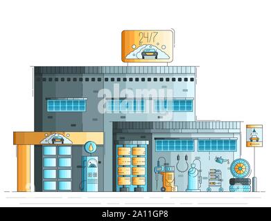 Auto waschen, Reparatur, Wartung Service Center mit Werkzeugen und Geräten. Auto und Reinigung von außen. Vierundzwanzig Stunden Working Station Vektor flachbild Abbildung. Stock Vektor