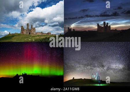 Undatierte Bilder der Dunstanburgh Castle auf der Northumberland Küste genommen (im Uhrzeigersinn von links oben) bei Tageslicht, mit leuchtenden Nachtwolken, die Milchstraße und das Nordlicht. Stockfoto