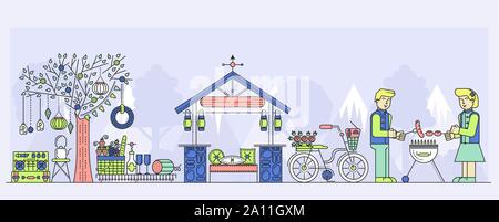 Mann und Frau Picknick verbringen Zeit in der Natur und am Wochenende. Familie Paar beim im Park oder Garten mit Pavillon, Grill, Radio, Speisen und Getränke. Menschen Erholung Vector Illustration. Stock Vektor