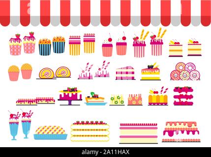 Tag der Süssigkeiten Postkarte. Horizontale Banner mit Kuchen, Süßigkeiten, Cocktails, Kuchen, Eis, Donuts. Shop-Fenster von Süßwaren, Gastronomie Vektor flachbild Abbildung. Der Konfektion. Stock Vektor