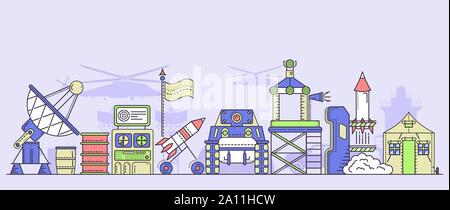 Moderne militärische Basis. Kriegerisch, transport Vektor flachbild Abbildung. Bewaffnete macht, Kräfte mit Hubschraubern, Beobachtungsposten, Raketen, Tank, Radio locator, Flagge. Stock Vektor