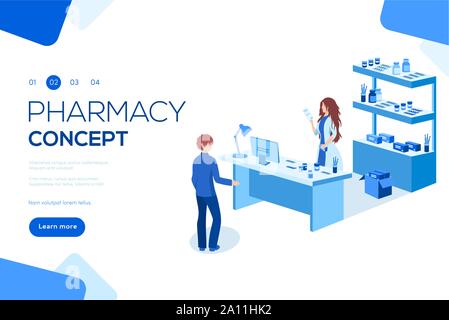 Flache isometrische auf weißem Hintergrund. Arzt, Apotheker und Patienten in der Apotheke. Kann für Webbanner, Infografiken, header Vector Illustration verwenden. Stock Vektor