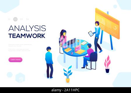 Zusammenarbeit mit kooperativen Menschen Vektor. Projekt Management und finanzieller Bericht Strategie. Flache isometrische Zeichen. Consulting Team. Isometrische Business Analyse Planung Abbildung. Stock Vektor