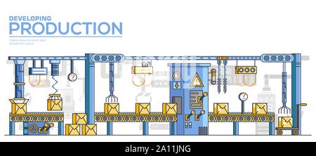 Prozess der Verpackung in Kisten und Transport zum Lager. Moderne Technologien für Fertigung, Produktion von Waren auf Fabrik oder Anlage. Förderband automatic line Vector Illustration. Stock Vektor