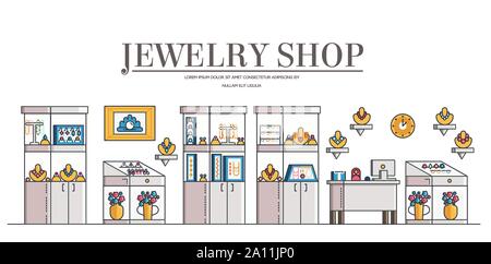 Schmuck Shop oder Shop Interieur mit Vitrinen, Kasse, Zähler, Schaufensterpuppen. Modernes Boutique-Hotel mit Edelsteinen, Gold, Silber, Schmuck für Casual, Hochzeit, Urlaub. Vektor flache Bauform. Stock Vektor