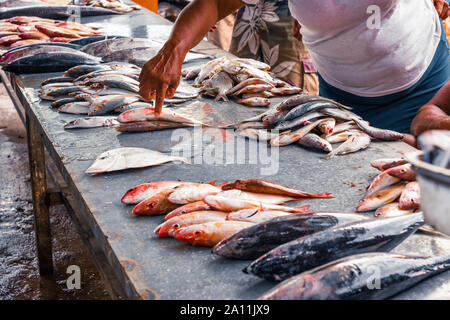 Einzelhandel mit Fisch auf dem schmutzigen Zähler auf dem Fischmarkt, um Leute, die schauen, und wählen Sie die Fische. Stockfoto