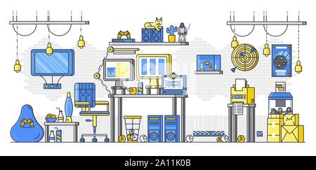 Hacker Büro mit PC, Laptop, Gadgets, Geräte, Möbel, Dart, Papierkorb, Lebensmittel, Kaktus, Cat. Es geeks Zimmer. Programmierer, computergenie Arbeitsplatz. Vektor flachbild Abbildung. Stock Vektor