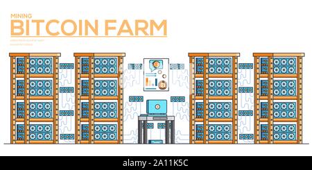 Serverraum mit Ausrüstungen für den Bergbau crypto Währung. Moderne Computertechnologien horizontale Banner. Digitale Geldmarkt. Bitcoin farm Vektor flachbild Abbildung. Data Storage Konzept. Stock Vektor