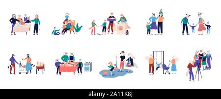 Sammlung von großeltern Zeit mit verwandten Abbildung. Wandern, Lesen, Shopping, Feiern, Geburtstag, kaufen, Essen, Kochen, zu Hause zu arbeiten. Flache cartoon Vektor einrichten Stock Vektor