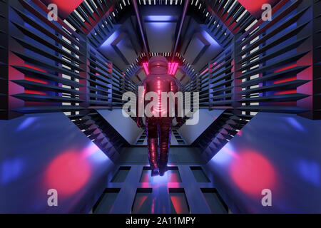 3D-gerenderte Abbildung: Ein Astronaut in einem Science Fiction Architektur Tunnel von einem Raumschiff oder die Station. Stockfoto